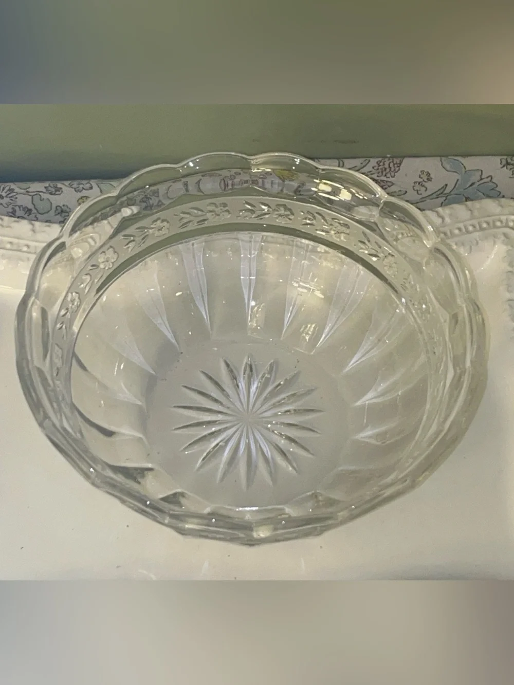 Floral Clear Lead Crystal Depression Glass Serving Bowl  Vintage MCM